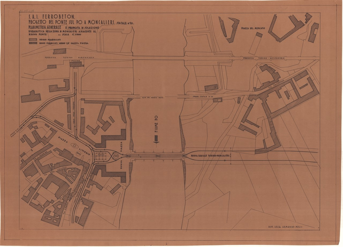 S.A.I. Ferrobeton/Progetto del ponte sul Po a Moncalieri. Statale n. 10, Planimetri generale e proposta di soluzione urbanistica della zona di Moncalieri adiacente al nuovo ponte