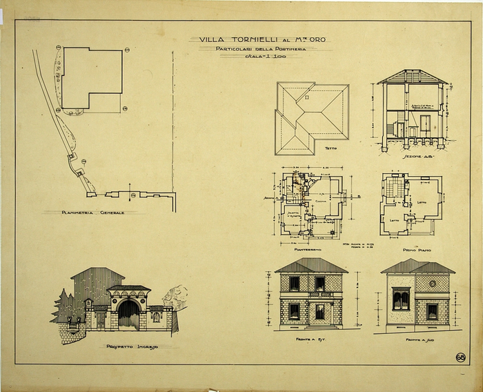 VILLA TORNIELLI AL M. ORO/PARTICOLARI DELLA PORTINERIA/SCALA 1: 100, Planimetria Generale, Piante, Prospetti e Sezioni