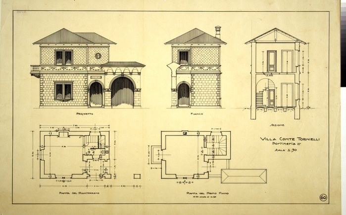 VILLA CONTE TORNIELLI/portineria/SCALA 1: 50, Prospetto, Fianco, Sezione, Pianta del Pianterreno, Pianta del Primo Piano