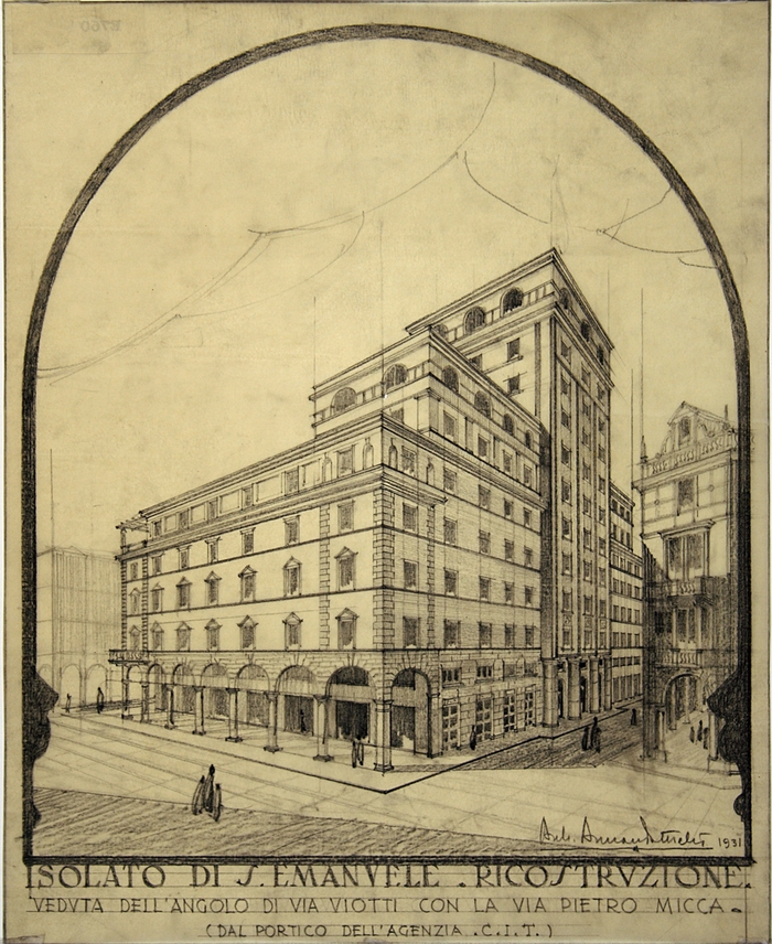 ISOLATO DI S. EMANUELE - RICOSTRUZIONE, Veduta dell'angolo di Via Viotti con la Via Pietro Micca (dal portico dell' agenzia C.I.T.)
