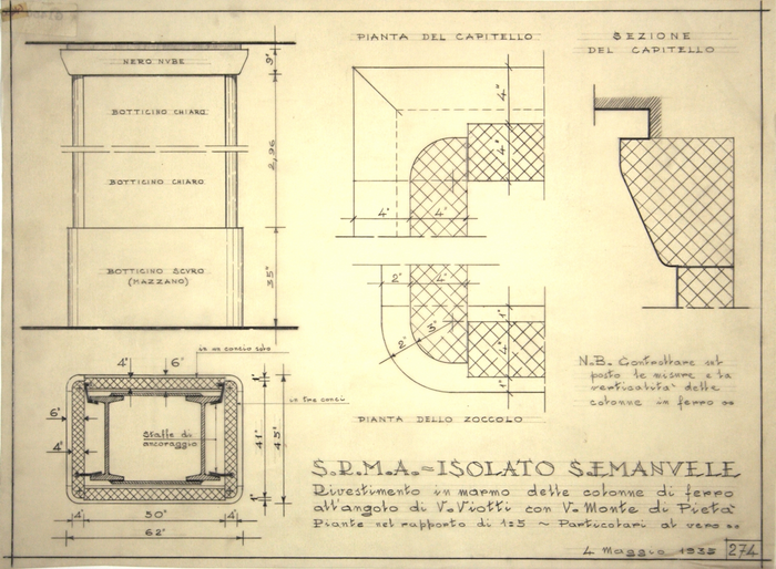 ISOLATO/S. EMANUELE , rivestimento in marmo delle colonnedi ferro all'angolo tra via Viotti e Via Monte di pietà,