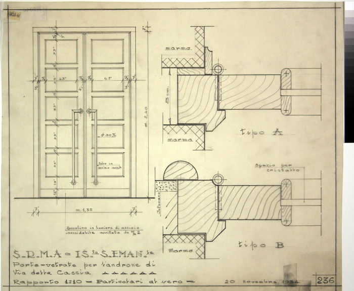 ISOLATO/S. EMANUELE , porta e vetrate per l'androne di Via della Caccia