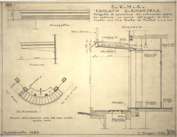 ISOLATO/S. EMANUELE , progetto di pensilina da collocarsi sopra la vetrina in curva all'angolo tra Via Viotti e Via Monte di Pietà