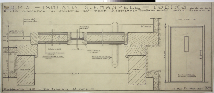 ISOLATO/S. EMANUELE , porta scorrevole di chiusura del vano ascensore-montacarichi nella torre