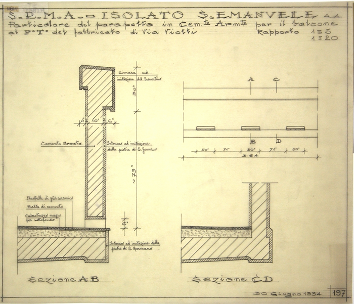 Particolare del parapetto in cemento armato per il balcone al PT di via Viotti