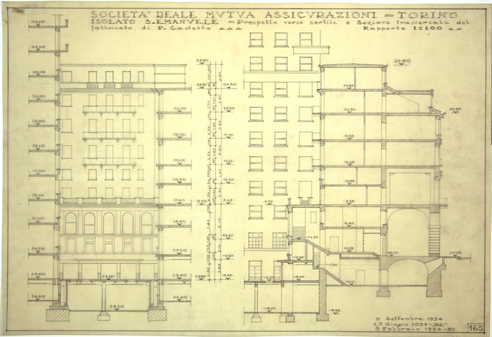 ISOLATO/S. EMANUELE , prospetto verso cortile e sezione trasversale del fabbricato di Piazza Castello