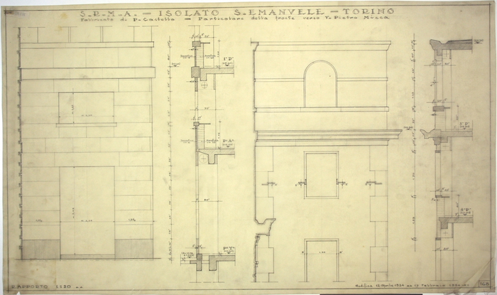 ISOLATO/S. EMANUELE , fabbricato di Piazza Castello , particolare del fronte verso Via Pietro Micca