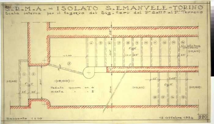 ISOLATO S. EMANUELE - TORINO , scala interna per il negozio del Sign. Neri dal piano sotterraneo al piano terra