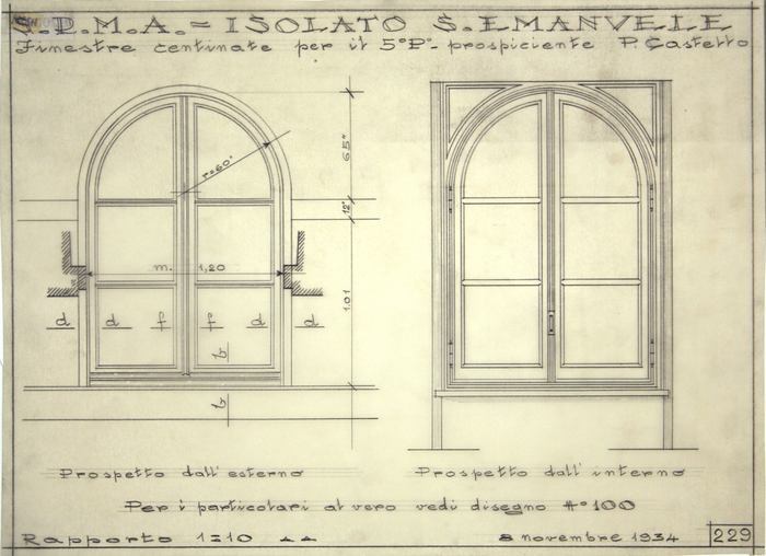 ISOLATO/S. EMANUELE , finestre centinate per il quinto piano prospicente Piazza Castello