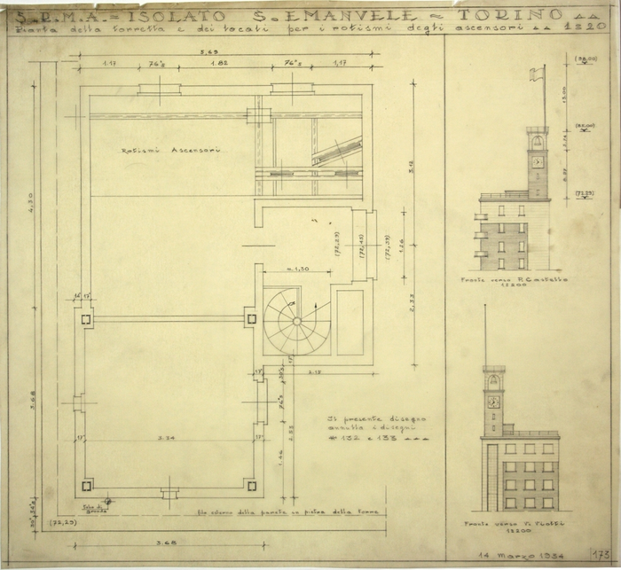 ISOLATO S. EMANUELE - TORINO , pianta della torretta e dei locali per i rotismi degli ascensori