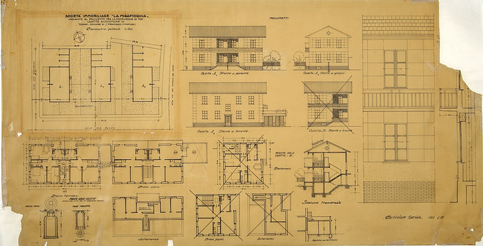 SOCIETA' IMMOBILIARE "LA MIRAFIORINA" /VARIANTE AL PROGETTO PER LA COSTRUZIONE DI TRE/CASETTE ECONOMICHE IN/TORINO - REGIONE DI S. FRANCESCO (MIRAFIORI), Planimetria Generale, Piante, Prospetti, Sezioni, Particolari