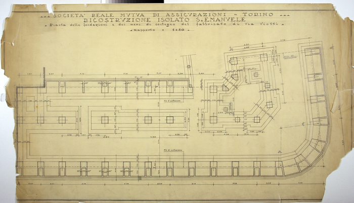 ISOLATO S. EMANUELE , pianta delle fondazioni dei muri di sostegno del fabbricato di Via Viotti