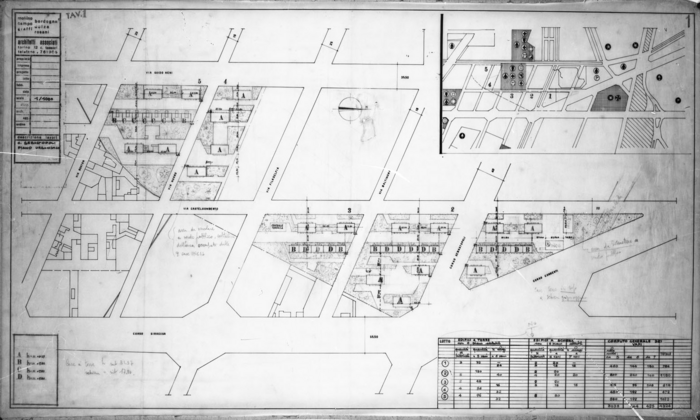 Mollino, Campo, Graffi, Bordogna, Dolza, Rosani,  planimetria del quartiere Ina-casa di corso Sebastopoli a Torino,  1956-1959