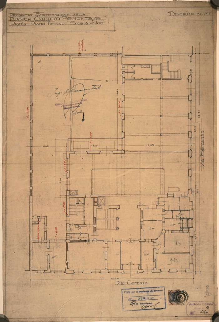 Giacomo Dumontel, progetto di sopraelevazione della sede della  Banca di Credito Piemontese, via dell'Arsenale, Torino. Pianta del piano terreno, 1920-1924.