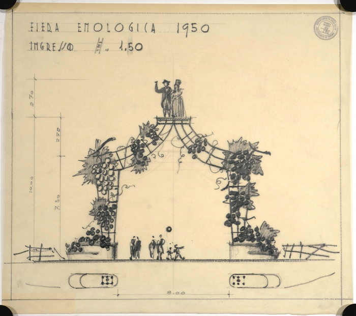 Paolo Musso, bozzetto di architettura effimera da realizzare in piazza Carlo Alberto in occasione della Fiera enologica e Carnevale di Torino, 1950.