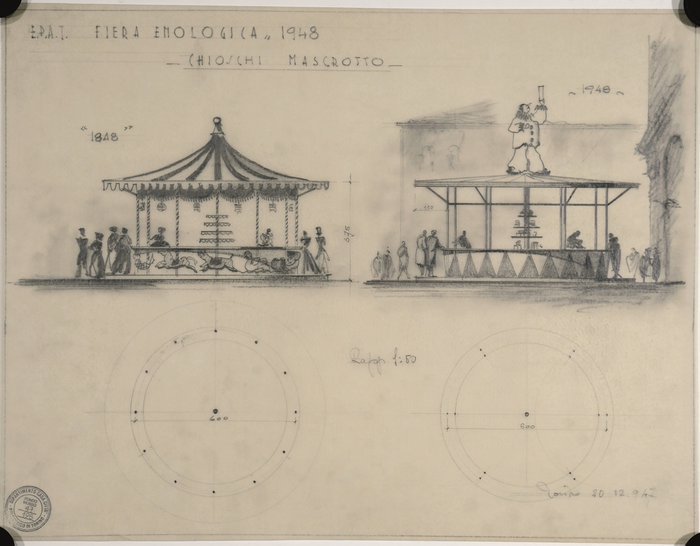 Paolo Musso, bozzetto per il chiosco Mascrotto da realizzare in piazza Carlo Alberto in occasione della Fiera enologica e Carnevale di Torino, 1948.