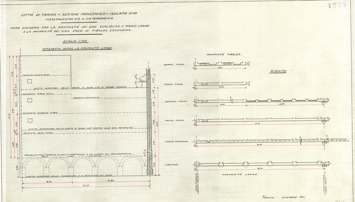 Lange, CASA SIGNORILE DA PIGIONE - PROPRIETA' G. e M. LANGE - Torino, CITTA' DI TORINO - SEZIONE MONCENISIO - ISOLATO N° 89. / CORSO PALESTRO N° 7 E VIA PERRONE N° 8. / MURO DIVISORIO FRA LA PROPRIETA' DEI SIGG. GUGLIELMO E MARIO LANGE / E LA PROPRIETA' DEI SIGG. EREDI DI TIBOLDO SECONDINO., 1325, 27 Novembre 1911