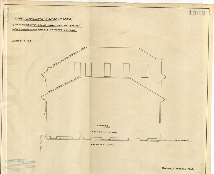Lange, CASA SIGNORILE DA PIGIONE - PROPRIETA' G. e M. LANGE - Torino, MURO DIVISORIO LANGE - BOFFA, 1363, 8 Febbraio 1913