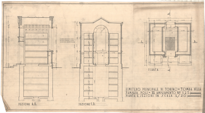 Tomba Poli, cimitero Monumentale di Torino, VII Ampliamento n. 125, Pianta e Sezioni