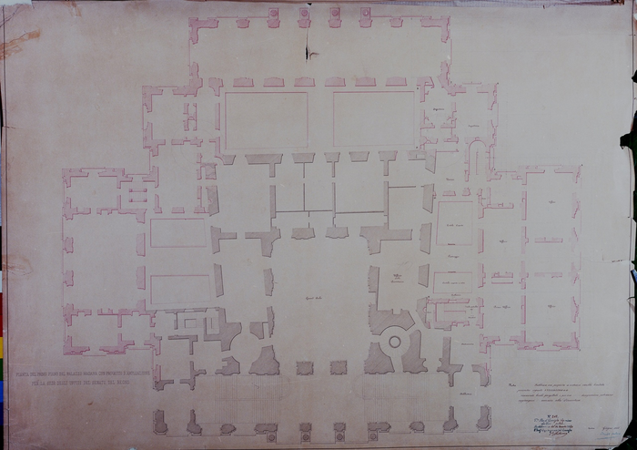 Melano Ernst, PIANTA DEL PRIMO PIANO DEL PALAZZO MADAMA CON PROGETTO D'AMPLIAZIONE / PER LA SEDE DEGLI UFFIZI DEL SENATO DEL REGNO, 1855 Giugno 30 ; 1860 Novembre 24