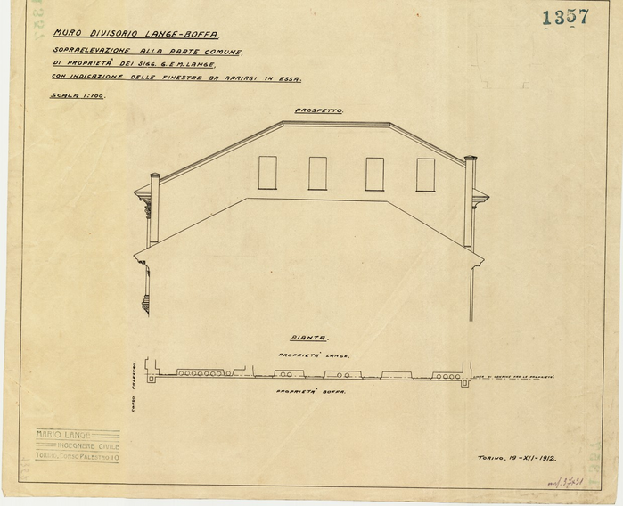 Lange, CASA SIGNORILE DA PIGIONE - PROPRIETA' G. e M. LANGE - Torino, MURO DIVISORIO LANGE-BOFFA, 1357, 19 Dicembre 1912