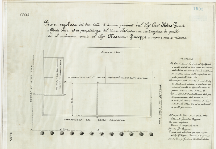 Lange, CASA SIGNORILE DA PIGIONE - PROPRIETA' G. e M. LANGE - Torino, PIANO REGOLARE DEI DUE LOTTI DI TERRENO POSSEDUTI DAL SIG.R CAV.RE PIETRO GIANI [...], 1308, 30 Aprile 1866