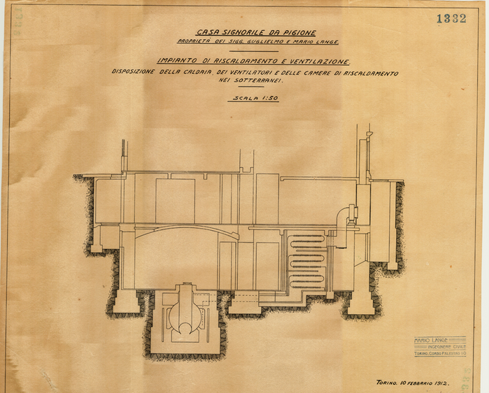 Lange, CASA SIGNORILE DA PIGIONE - PROPRIETA' G. e M. LANGE - Torino, CASA SIGNORILE DA PIGIONE / PROPRIETA' DEI SIGG. GUGLIEMO E MARIO LANGE / IMPIANTO DI RISCALDAMENTO E VENTILAZIONE, 1332, 10 Febbraio 1912