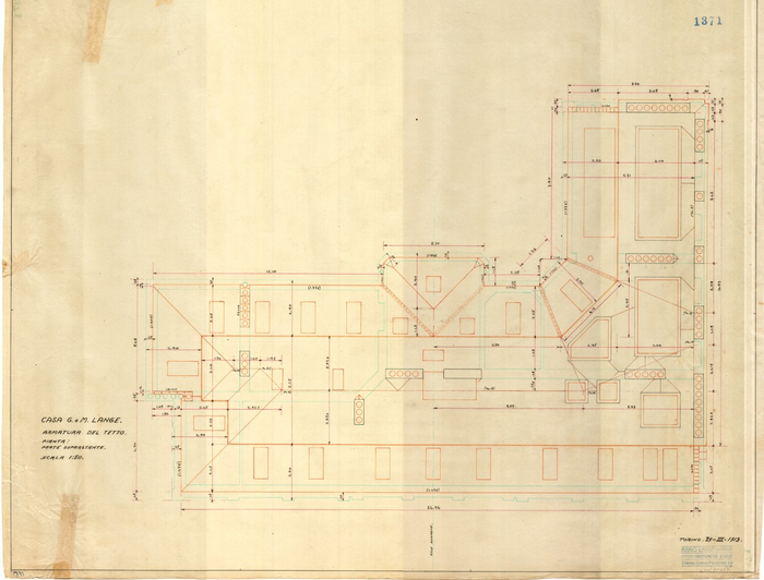 Lange, CASA SIGNORILE DA PIGIONE - PROPRIETA' G. e M. LANGE - Torino, CASA G. e M. LANGE / ARMATURA DEL TETTO / PIANTA: PARTE SOTTOSTANTE, 1371, 29 Marzo 1913