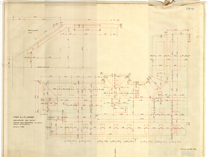 Lange, CASA SIGNORILE DA PIGIONE - PROPRIETA' G. e M. LANGE - Torino, CASA G. e M. LANGE / ARMATURA DEL TETTO / PIANTA DELL'ARMATURA IN LEGNO / PARTE SOTTOSTANTE, 1370, 27 Marzo 1913