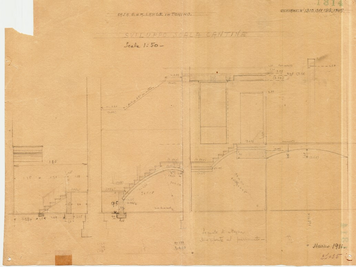 Lange, CASA SIGNORILE DA PIGIONE - PROPRIETA' G. e M. LANGE - Torino, CASA G. e M. LANGE IN TORINO / SVILUPPO SCALA CANTINE, 1314, Marzo 1911