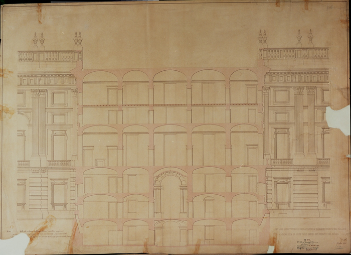 Melano Ernst SEZIONE LONGITUDINALE DELLA FABBRICA IN INGRANDIMENTO DEL PALAZZO/MADAMA PER LA SEDE DEGLI UFFIZI DEL SENATO DEL REGNO, 1855 Giugno 30 ; 1860 Novembre 24
