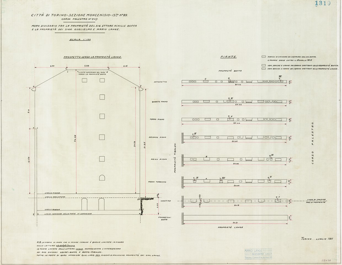 Lange, CASA SIGNORILE DA PIGIONE - PROPRIETA' G. e M. LANGE - Torino, CITTA' DI TORINO - SEZIONE MONCENISIO - ISOLATO N° 89. / CORSO PALESTRO N° 9 e 7. / MURO DIVISORIO FRA LA PROPRIETA' DEL SIG. ETTORE ACHILLE BOFFA E LA PROPRIETA' DEI SIGG. GUGLIELMO E MARIO LANGE., 1319, Luglio 1911