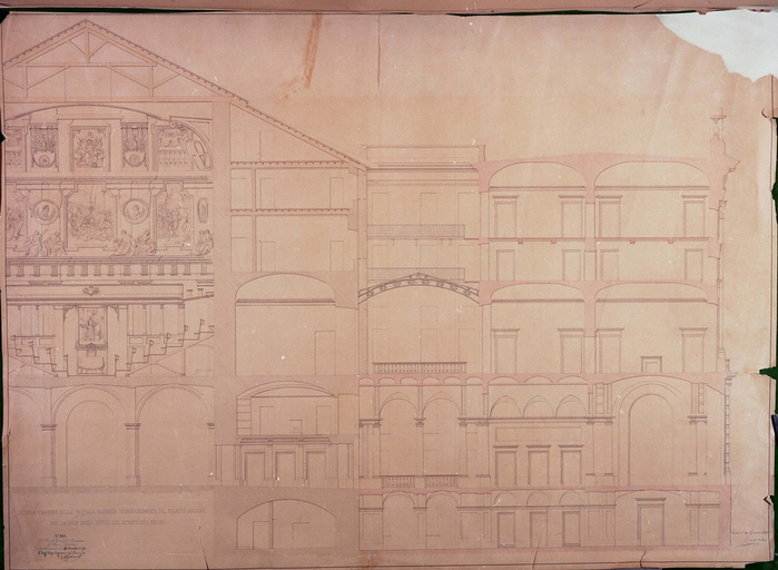 Melano Ernest, SEZIONE TRAVERSA DELLA PROPOSTA FABBRICA IN INGRANDIMENTO DEL PALAZZO MADAMA / PER LA SEDE DEGLI UFFIZI DEL SENATO DEL REGNO, 1855 Giugno 30 ; 1860 Novembre 24