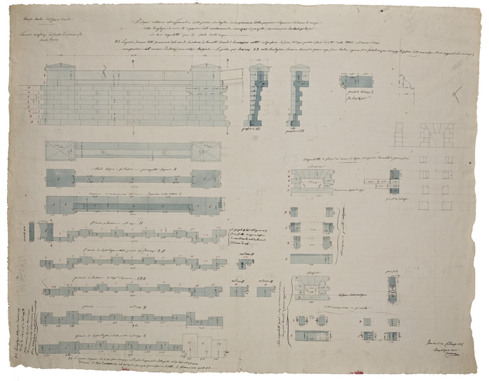 Mosca, famiglia (ex DICAS), Lavori accessori al ponte sul Po a Torino. Disegni relativi all'apparecchio delle pietre da taglio in rivestimento della porzione superiore del muro di rampa della lunghezza di metri 13 a partire dall'isolamento e compreso il parapetto, [...],21 Febbraio 1835