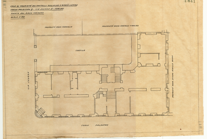 Lange, CASA SIGNORILE DA PIGIONE - PROPRIETA' G. e M. LANGE - Torino, CASA DI PROPRIETA' DEI FRATELLI GUGLIELMO e MARIO LANGE / CORSO PALESTRO 7 - VIA JUVARRA 11 - TORINO / PIANTA DEL PIANO TERRENO, 1841,