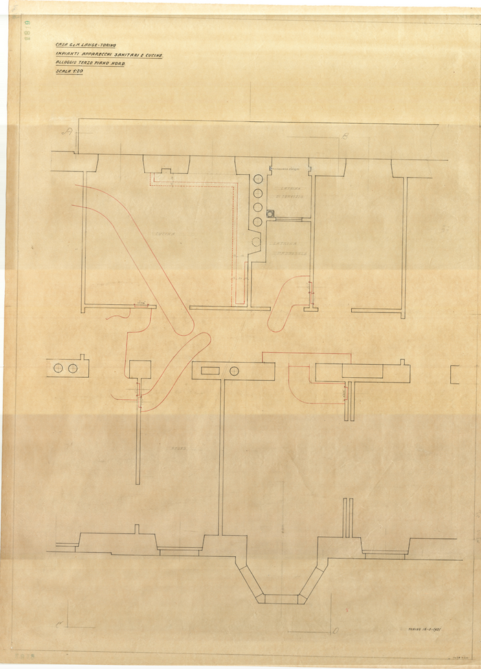 Lange, CASA SIGNORILE DA PIGIONE - PROPRIETA' G. e M. LANGE - Torino, CASA G. e M. LANGE - TORINO / IMPIANTI APPARECCHI SANITARI E CUCINE / ALLOGGIO TERZO PIANO NORD, 1819, 16 Febbraio 1921