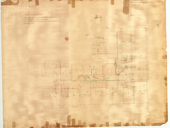 Lange, CASA SIGNORILE DA PIGIONE - PROPRIETA' G. e M. LANGE - Torino, CASA G. e M. LANGE / PIANTA DEL SOTTOTETTO / SCHEMA CONDUTTURE ELETTRICHE E TELEFONICHE INTERNE E GAS., 1901, 1 Dicembre 1922