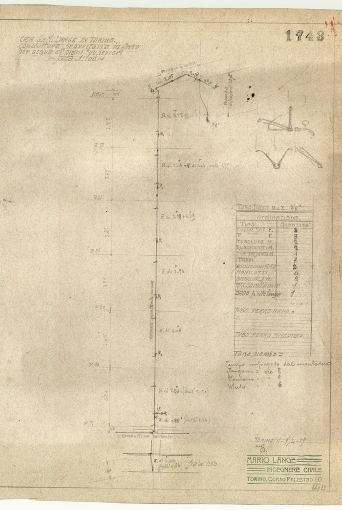 Lange, CASA SIGNORILE DA PIGIONE - PROPRIETA' G. e M. LANGE - Torino, CASA G. e M. LANGE IN TORINO / CONDUTTURA PROVVISORIA IN FERRO / PER ACQUA AI PIANI SUPERIORI, 1743, 9 Aprile 1919