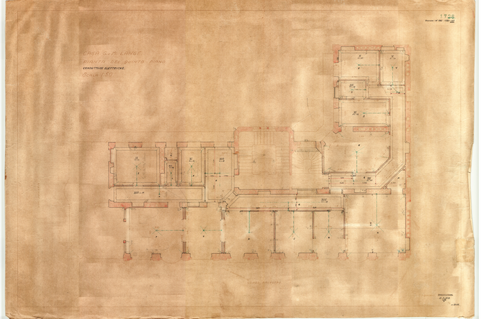 Lange, CASA SIGNORILE DA PIGIONE - PROPRIETA' G. e M. LANGE - Torino, CASA G. e M. LANGE. / PIANTA DEL QUINTO PIANO / CONDUTTURE ELETTRICHE, 1728, 31 Gennaio 1919