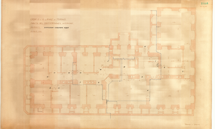 Lange, CASA SIGNORILE DA PIGIONE - PROPRIETA' G. e M. LANGE - Torino, CASA G. e M. LANGE IN TORINO / PIANTA DEL SOTTERRANEO INFERIORE. / MURICCI. DISPOSIZIONE CONDUTTURE ACQUA, 1905, 27 Novembre 1914