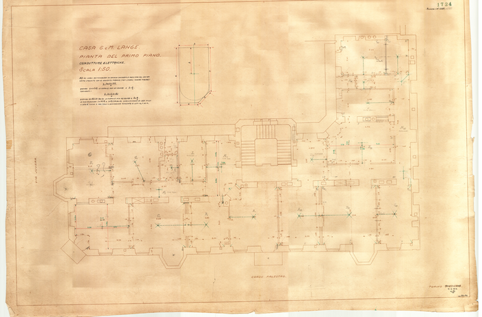 Lange, CASA SIGNORILE DA PIGIONE - PROPRIETA' G. e M. LANGE - Torino, CASA G. e M. LANGE / PIANTA DEL PRIMO PIANO / CONDUTTURE ELETTRICHE, 1724, 31 Gennaio 1919