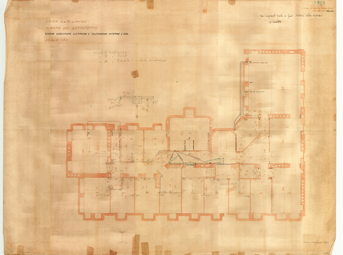 Lange, CASA SIGNORILE DA PIGIONE - PROPRIETA' G. e M. LANGE - Torino, CASA G. e M. LANGE / PIANTA DEL SOTTOTETTO (6° PIANO) / SCHEMA DEGLI IMPIANTI ELETTRICI / PER LUCE - FORZA - RISCALDAMENTO - SUONERIE - TELEFONI., 1901_2, 29 Aprile 1930