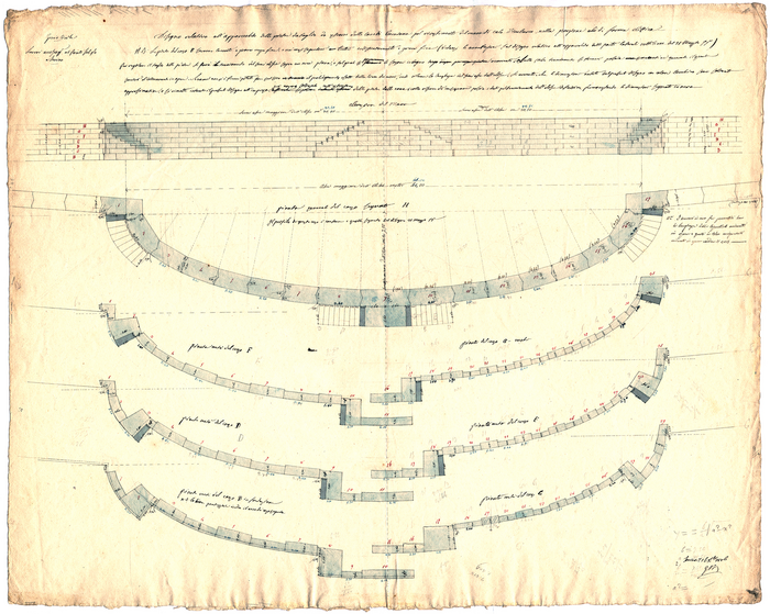 Mosca, famiglia (ex DICAS), Lavori accessori al ponte sul Po a Torino. Disegni relativi all'apparecchio delle pietre da taglio a farsi dalle cave di Cumiana per rivestimento del muro di cala d'imbarco nella porzione di forma ellittica, 16 Settembre 1836