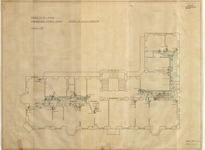 Lange, CASA SIGNORILE DA PIGIONE - PROPRIETA' G. e M. LANGE - Torino, CASA G. e M. LANGE / PIANTA DEL TERZO PIANO / CANALI DI RISCALDAMENTO, 1500, 1 Aprile 1915