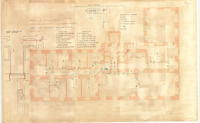 Lange, CASA SIGNORILE DA PIGIONE - PROPRIETA' G. e M. LANGE - Torino, CASA G. e M. LANGE IN TORINO / PIANTA DEL SOTTERRANEO INFERIORE. MURICCI / CONDUTTURE ELETTRICHE PER LUCE E FORZA, 1826, 27 Novembre 1914