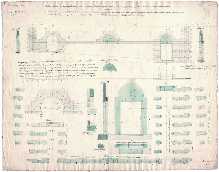 Mosca, famiglia (ex DICAS), Lavori accessori al ponte sul Po a Torino. Disegni relativi all'apparecchio delle pietre da taglio lavorate a grana fina per la formazione delle aperture relative al quai a valle del ponte, 1837