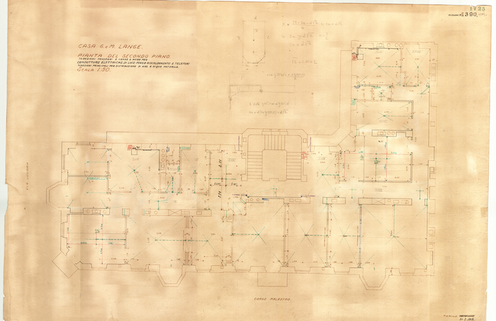 Lange, CASA SIGNORILE DA PIGIONE - PROPRIETA' G. e M. LANGE - Torino, CASA G. e M. LANGE / PIANTA DEL SECONDO PIANO. / TUBAZIONI PASSAGGI E CANNE A MURO PER / CONDUTTURE ELETTRICHE DI LUCE - FORZA - RISCALDAMENTO E TELEFONI / TUBAZIONI PRINCIPALI PER DISTRIBUZIONE DI GAS E ACQUA POTABILE., 1725, 31 Gennaio 1919