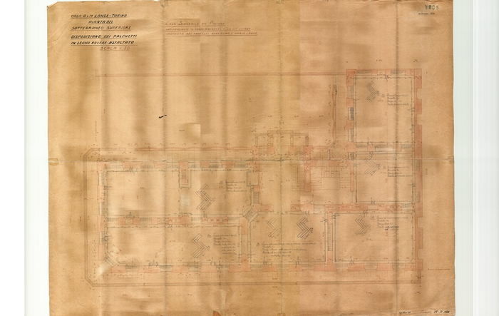 Lange, CASA SIGNORILE DA PIGIONE - PROPRIETA' G. e M. LANGE - Torino, CASA G. e M. LANGE IN TORINO / PIANTA DEL SOTTERRANEO SUPERIORE / DISPOSIZIONE DEI PALCHETTI / IN LEGNO ROVERE ASFALTATO, 1805, 15 Dicembre 1920