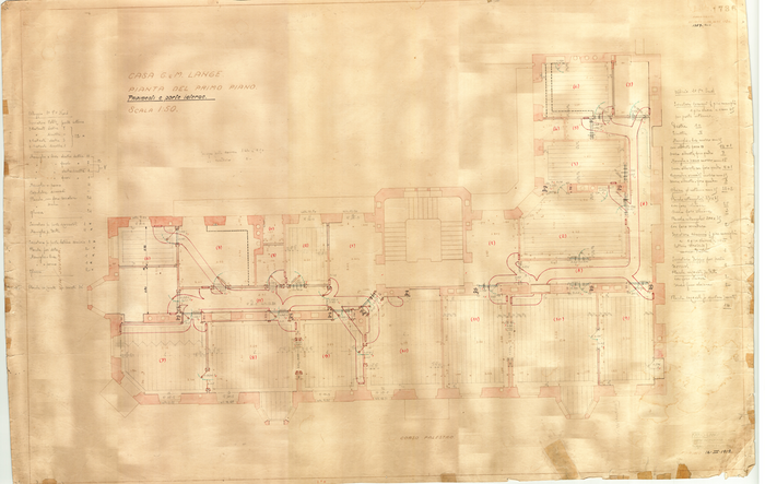 Lange, CASA SIGNORILE DA PIGIONE - PROPRIETA' G. e M. LANGE - Torino, CASA G. e M. LANGE. / PIANTA DEL PRIMO PIANO / PAVIMENTI E PORTE INTERNE, 1736, 16 Marzo 1919