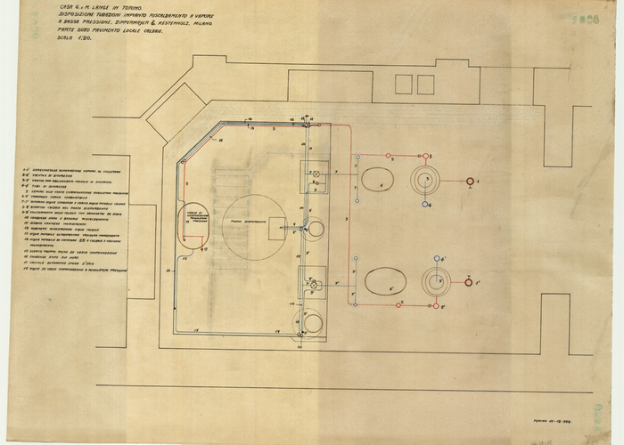 Lange, CASA SIGNORILE DA PIGIONE - PROPRIETA' G. e M. LANGE - Torino, CASA G. e M. LANGE IN TORINO / DISPOSIZIONE TUBAZIONI IMPIANTO RISCALDAMENTO A VAPORE / A BASSA PRESSIONE. ZIPPERMAYR &amp; KESTENHOLZ. MILANO. / PARTE SOTTO PAVIMENTO LOCALE CALDAIE., 1904, 11 Dicembre 1922